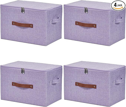 4 Pack Storage Bins with Zipper Lid Cotton Linen Fabric Lidded Storage Baskets Boxes Foldable Washable Closet Shelf Clothes Organizer Container with PU Leather Handles (Purple, Large)