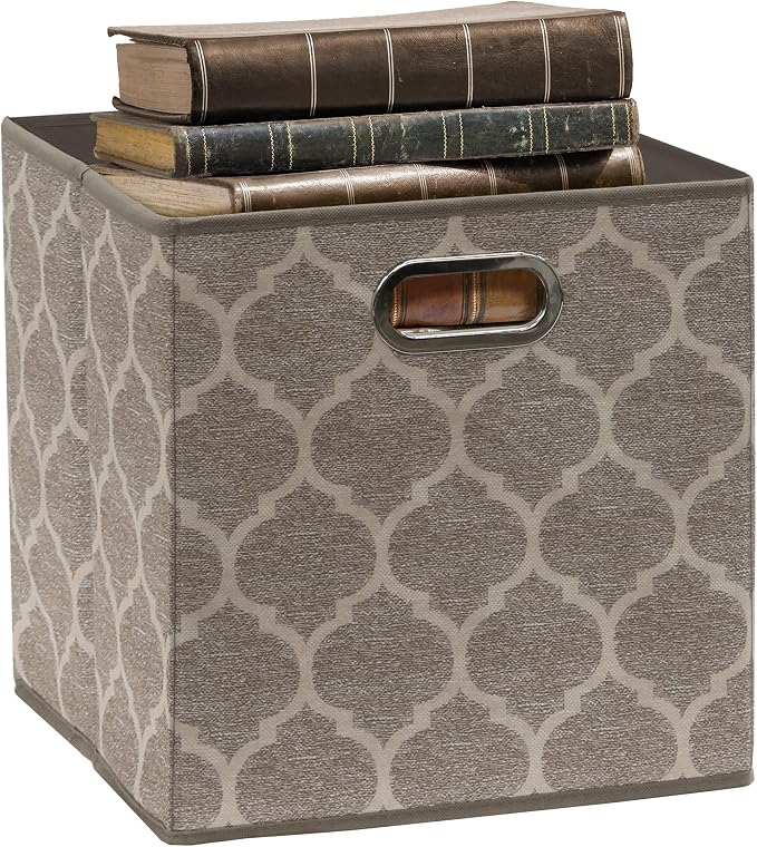 Simple Houseware 11-Inch Collapsible Fabric Cube Storage Bin with Handles, Printed Design, 6 Pack, Beige