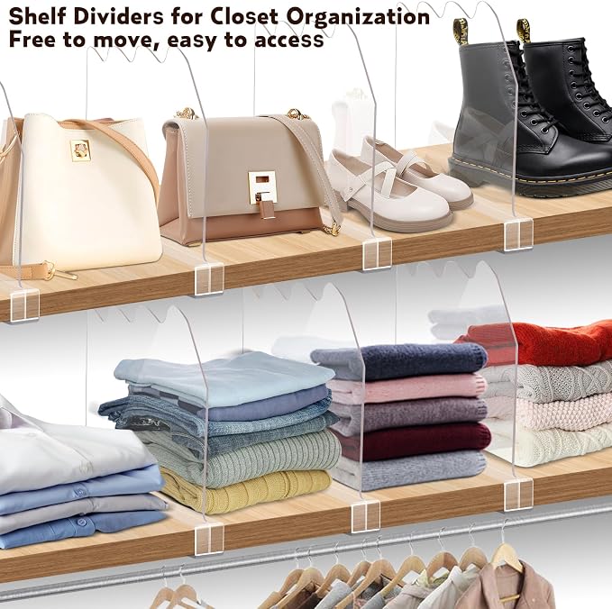 Acrylic Shelf Dividers for Closet Organization 4PCS Non-Slip Closet Shelf Divider and Closet Separator for Clothes Purse Bag Sturdy Storage Divider for Shelves and Closet Organizer
