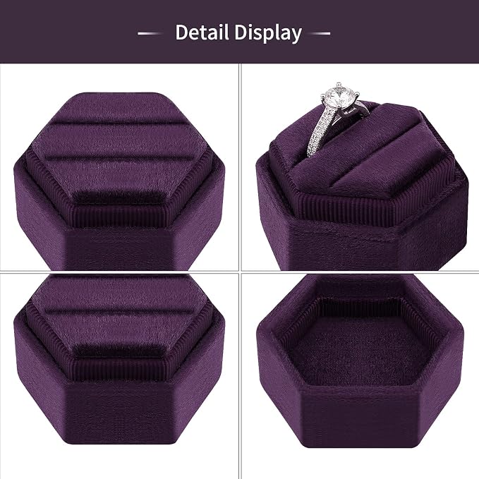 DesignSter Hexagon Velvet Ring Box - Premium Gorgeous Vintage Double Ring Display Holder with Detachable Lid for Proposal, Engagement, Wedding, Ceremony(Deep purple)