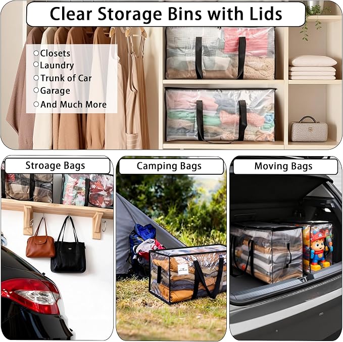 8 Pack Extra Large Heavy Duty Moving Bags,Clear Storage Bins with Lids,Moving Boxes with Zippers & Reinforced Handles,Waterproof Foldable Storage Totes for College Dorm,Traveling,Moving Supplies