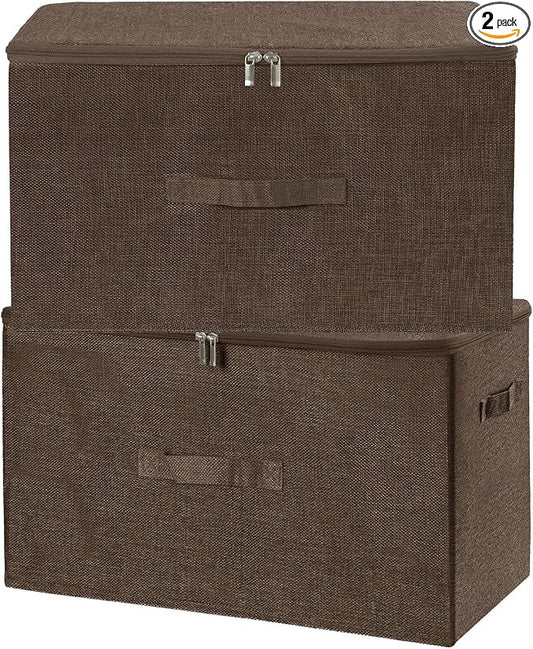 ANMINY 2PCS Storage Bins with Zipper Lids 51.9 Qt Lidded Fabric Storage Boxes Baskets Cubes with Handles Collapsible Washable Cotton Linen Closet Shelf Clothes Organizer - Coffee, Extra Large