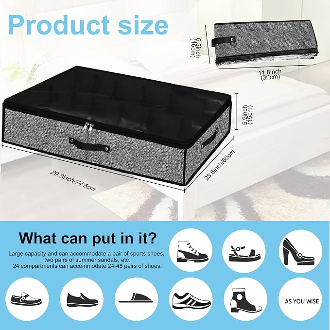 Under Bed Shoe Storage Organizer for Closet 2 Pack- Fits 24 Pairs Underbed Shoes Container Boxes with 2 Sturdy Handles and Clear Window,Foldable Shoe Rack Holder,Black