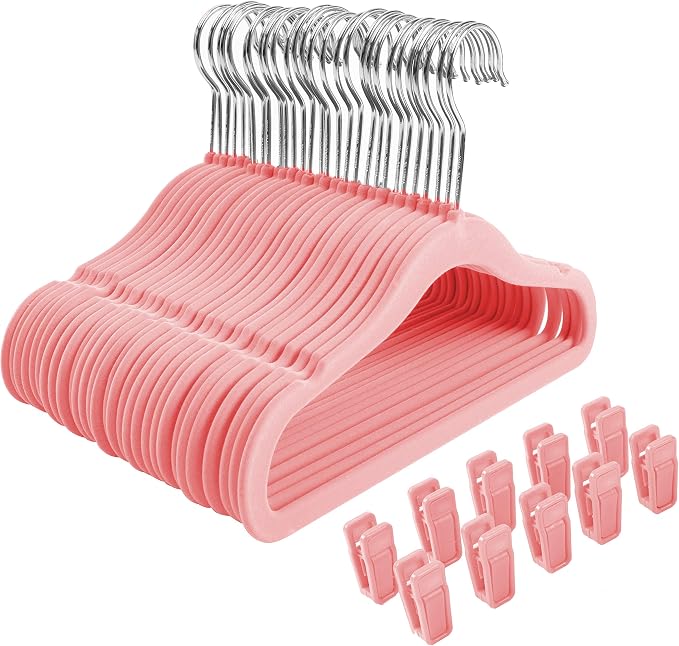 Finnhomy Non-Slip Clothes Hangers for Baby and Kids 30-Pack Velvet Hangers with 10 Finger Clips, Light Pink