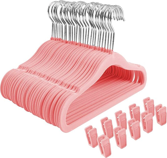 Finnhomy Non-Slip Clothes Hangers for Baby and Kids 30-Pack Velvet Hangers with 10 Finger Clips, Light Pink