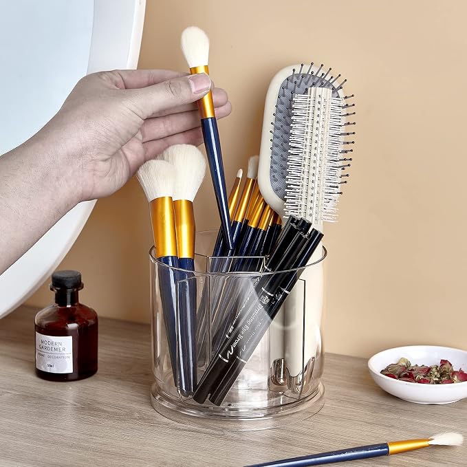 Makeup Brush Holder Organizer, Rotating Makeup Organizer for Vanity | Rotating 360° Clear Storage Cup Containers, Spinning Pen Holder for Desk, Round Make up Brush Stand with 5 Slots (Clear)