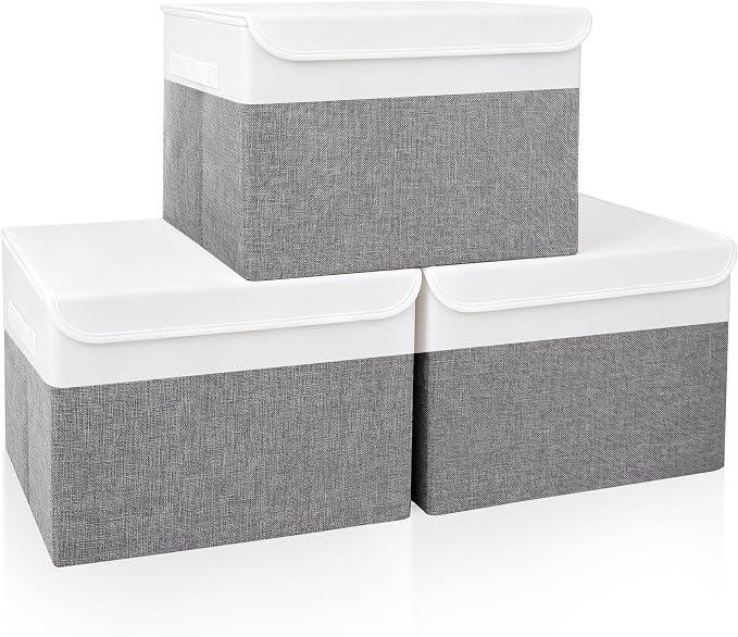 Bagnizer Large 17" 42 Quarts Collapsible Stackable Storage Bins with Lids [3-Pack] Foldable Fabric Linen Storage Boxes Cube, Closet Organizer Baskets with Label (16.7 x 12 x 12, Gray & White)