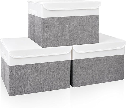 Bagnizer Large 17" 42 Quarts Collapsible Stackable Storage Bins with Lids [3-Pack] Foldable Fabric Linen Storage Boxes Cube, Closet Organizer Baskets with Label (16.7 x 12 x 12, Gray & White)
