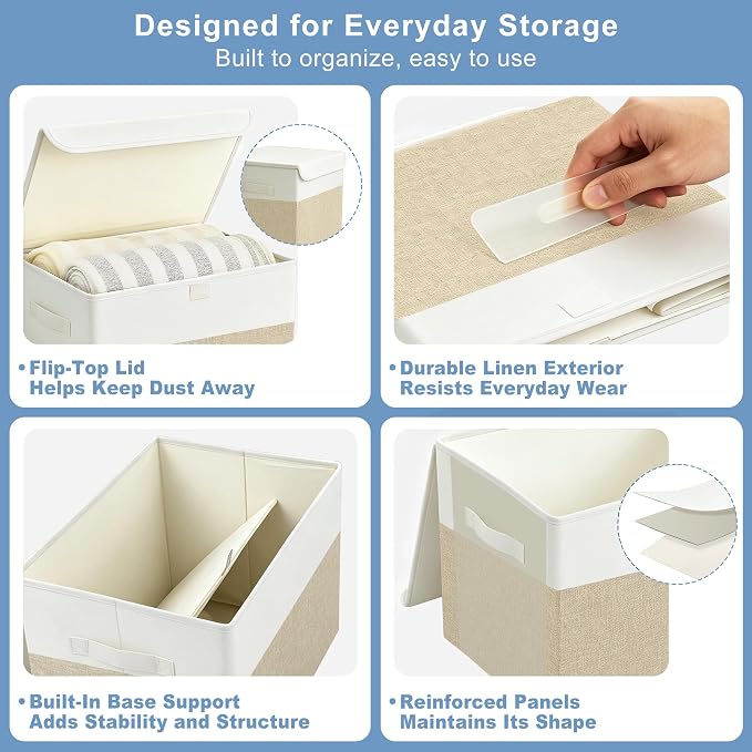 Bagnizer Large 17" 42 Quarts Collapsible Stackable Storage Bins with Lids [3-Pack] Foldable Fabric Linen Storage Boxes Cube, Closet Organizer Baskets with Label (16.7 x 12 x 12, Beige & White)