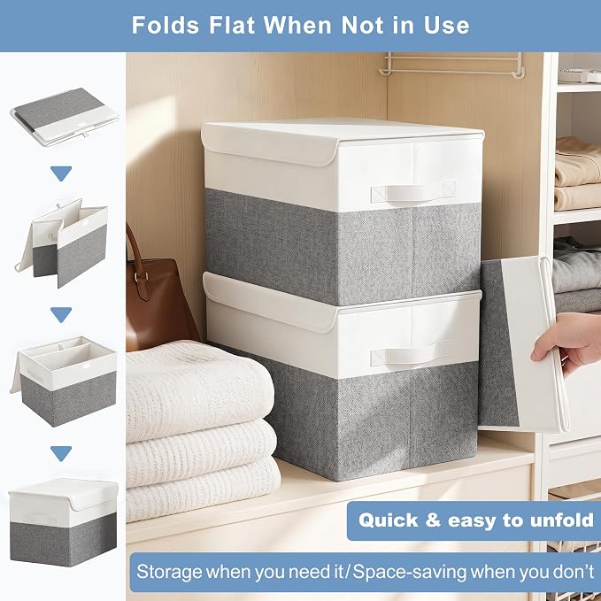 Bagnizer Large 17" 42 Quarts Collapsible Stackable Storage Bins with Lids [3-Pack] Foldable Fabric Linen Storage Boxes Cube, Closet Organizer Baskets with Label (16.7 x 12 x 12, Gray & White)