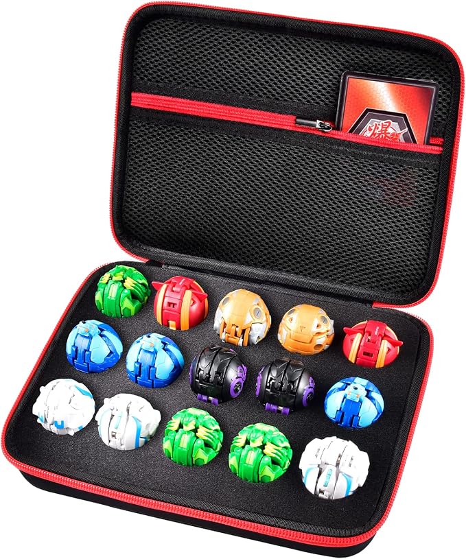 Comecase Hard Carrying Case Compatible with Bakugan Figures, Storage Organizer Box with 15 Foam Slots and Mesh Pocket for 60+ Cards, Travel Holder for Kids Toys (Case Only)- Black