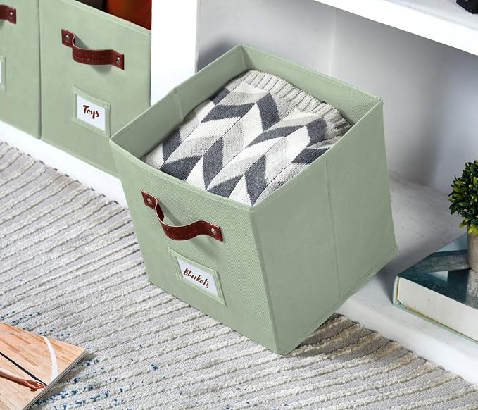 DECOMOMO Storage Bins, Cube Storage Bin with Labels | 10.5" x 11" Fabric Storage Cubes for Shelves (6pcs, Sage Green)