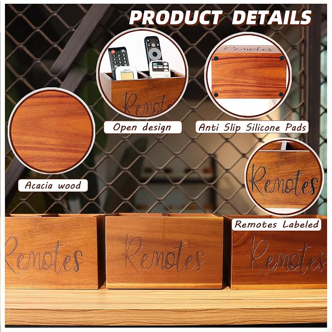 Remote Control Holder, Wooden TV Remote Holder for Table, Remote Organizer Caddy for Home Decor, Remote Box for Nightstand, Brown Labeled "Remote", 2 Slot - 7.3 Inch