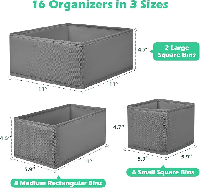 Drawer Clothing Organizer 16-Pack, Grey 3 Sizes Underwear Drawer Dividers, Fabric Folding Wardrobe Organizer, Can Store Baby Clothes, Bras, Underwear, Panties, Belts, Socks, Ties