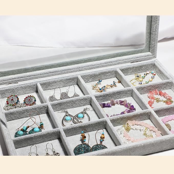 Stratalife 12 Grid Jewelry Holder Organizer: Bracelet Organizer Box with Clear Glass Lid, Velvet Jewelry Storage for Studs, Earrings, Rings, Necklace with Removable Dividers for Dresser, Grey