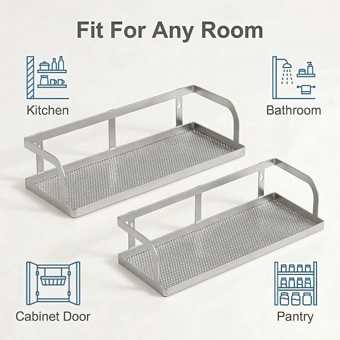 PUSDON 2-Pack 16.5" Extra Long Slim Hollowout Shower Caddy, Wall Mount Spice Rack & Bathroom Organizer, Mesh Bottom Cabinet Door Shelf Holds 50LBS - Silver Gray, Hollowout