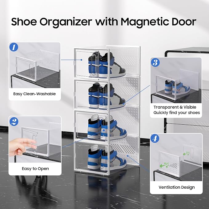 eWonLife Large Shoe Organizer Storage Box with Magnetic Door,12 Pack Clear Plastic Stackable Sneaker Containers for Closet, Connect Left and Right Shoe Box for Entryway, Drop Front, Under Bed (White)