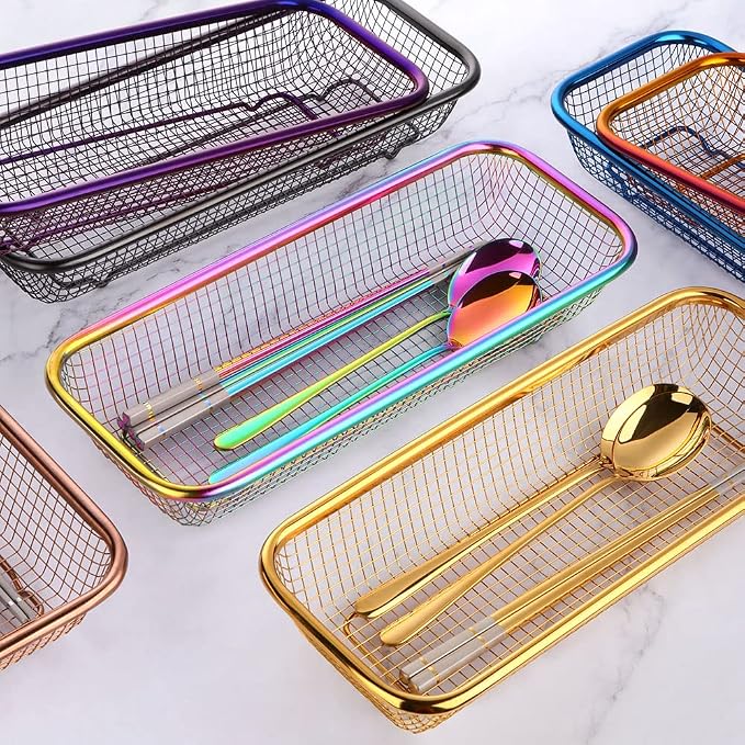 Kitchen Drawer Organizer, Stainless Steel Storage Container Metal Cabinet Storage Basket for Holding Silverware Kitchen Utensil, Pack of 2, Black