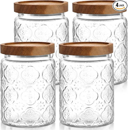 LemonRoad 4 Pcs Vintage Clear Glass Storage Jars 23.7 oz Mason Jar Canister with Wood Lids Food Storage Container for Cookie, Pantry, Candy Kitchen, Coffee, Tea, Flour, Sugar, Decorative Home Decor