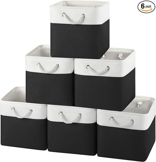 12x12 Storage Cube Bins, 6 Pack Reinforced Bottom Cardboard Foldable Box, Organizer for Closet Shelves, Heavy Home Storage Baskets (White Black)