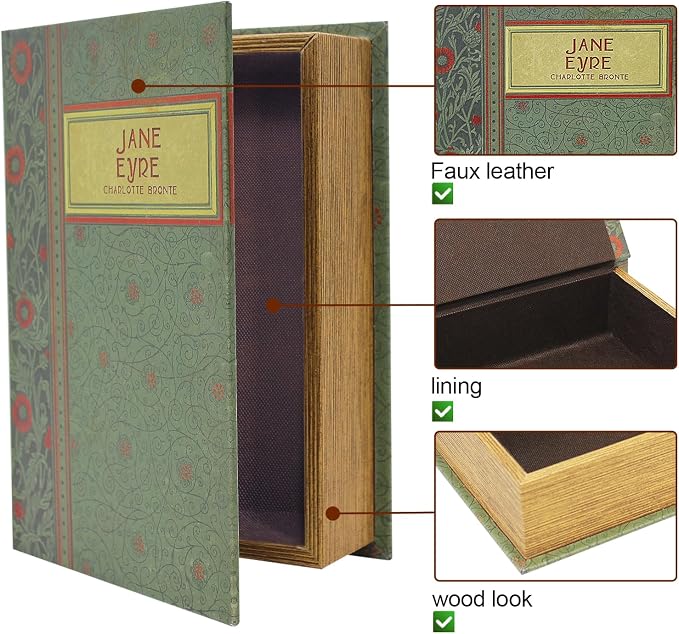 PACOLO Decorative Book Boxes, Faux Wood cover Storage for Hidden Jewelry, Money, and Cash (Jane Eyre)