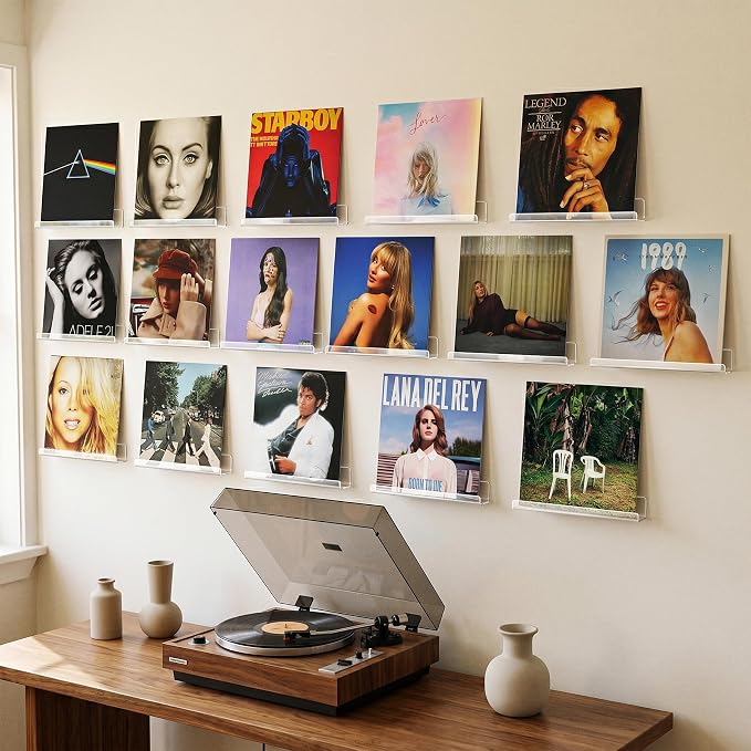 Gotega 16 Pack Vinyl Record Shelf Wall Mount, 12 inch Album Record Holder Display, Clear Acrylic Floating Shelves for Wall, Suitable for Bedroom, Living Room, Magazine Shelf, Kids Bookshelf, etc