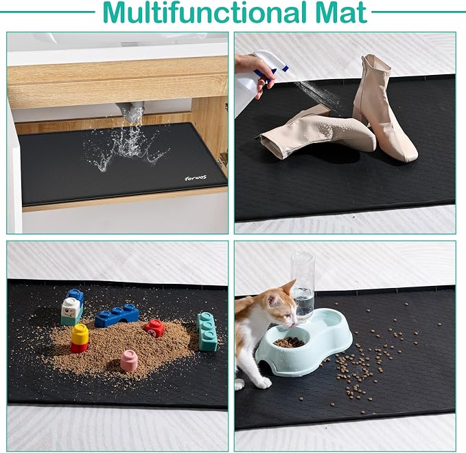 Waterproof Under Sink Mat 22" x 19", Silicone Cabinet Liner, Rubber Protector for Kitchen and Bathroom, Keeps Cabinets Clean, Dry, and Organized (Black)