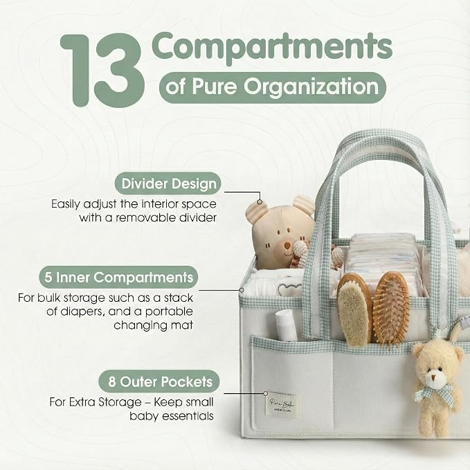 PeraBella XL Diaper Caddy Organizer With Handle, Baby Shower Gifts Basket Bag, Registry Search Must Haves Items, Newborn Girl Boy Nursery Storage Organizer, Baby Bag Essentials, Car Diaper Caddy Cart