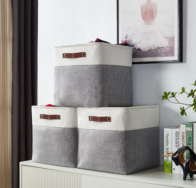 DECOMOMO Cube Storage Bin 11x11, Fabric Storage Bins, Kallax Storage Cubes (Grey & White, 4 Pack)