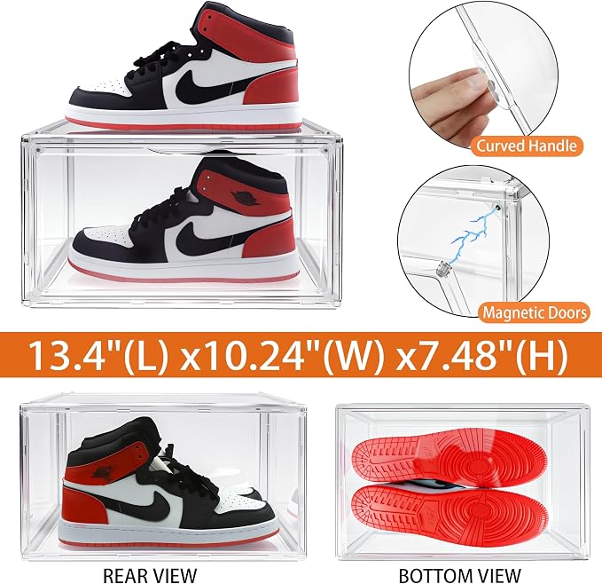 12 Pack Acrylic Shoe Boxes Clear Stackable Plastic Sneaker Display Case with Magnetic Lids, Drop Side Shoe Organizer for Entryway & Sneaker, Fits Men’s US Size 12.5