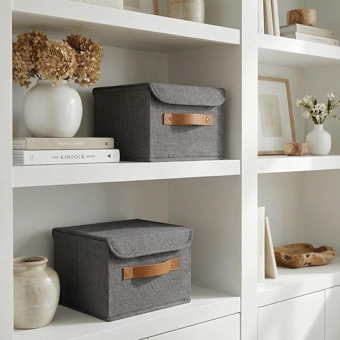 Decorative Linen Storage Boxes with Lids - Spacious Set of 2 Organizer Bins for Your Home Decor - The Perfect Small Container to Safely Store Photos, Documents and Memory Box Keepsakes in Style