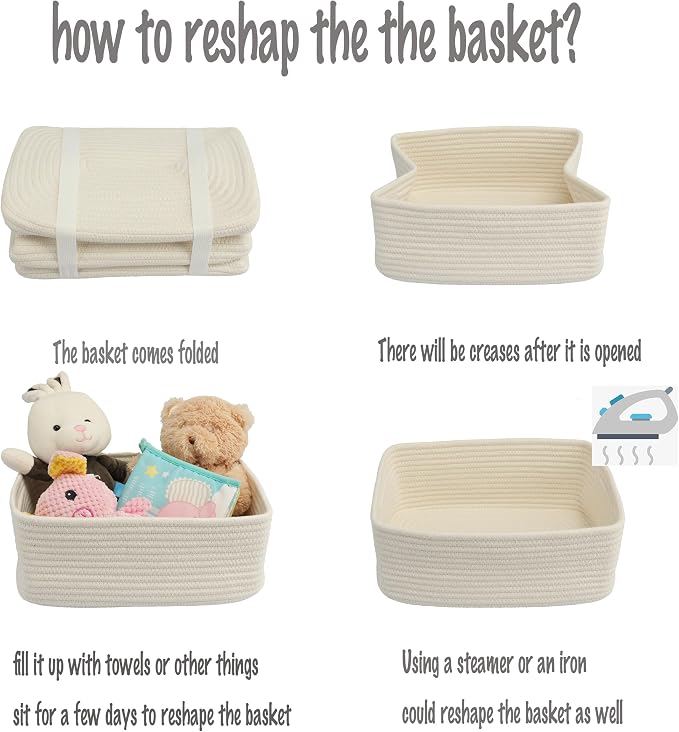 XUANGUO Small Woven Storage Baskets 12“X8”X5“ Decorative Rope Bins for Organizing Shelves, Closets, and Toys, Empty Gift Baskets, Cute Organizer Basket for Home and Office (white, regular)