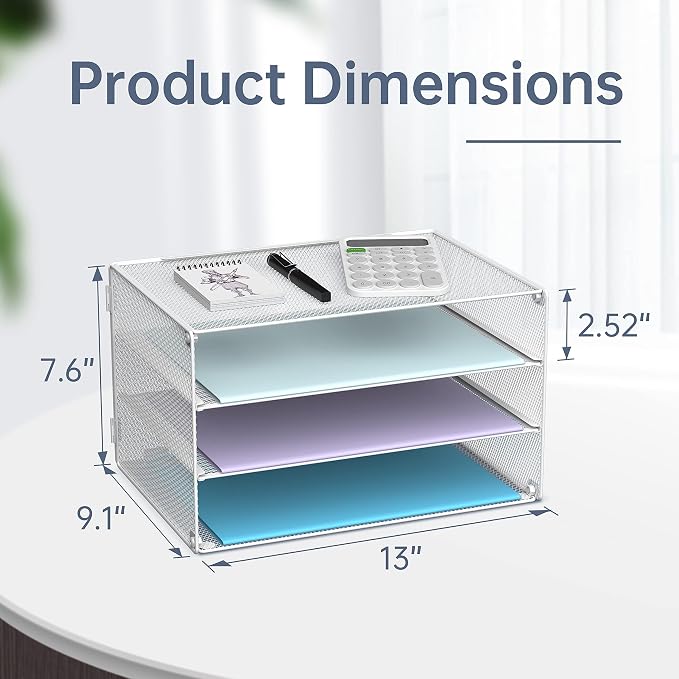 DALTACK 3 Tier Letter Tray Paper Organizer for Desk, Mesh Metal Desk File Organizer with Sliding Trays for Letter/A4 Paper, Mail, Bills & Folders, 2 Pack, White