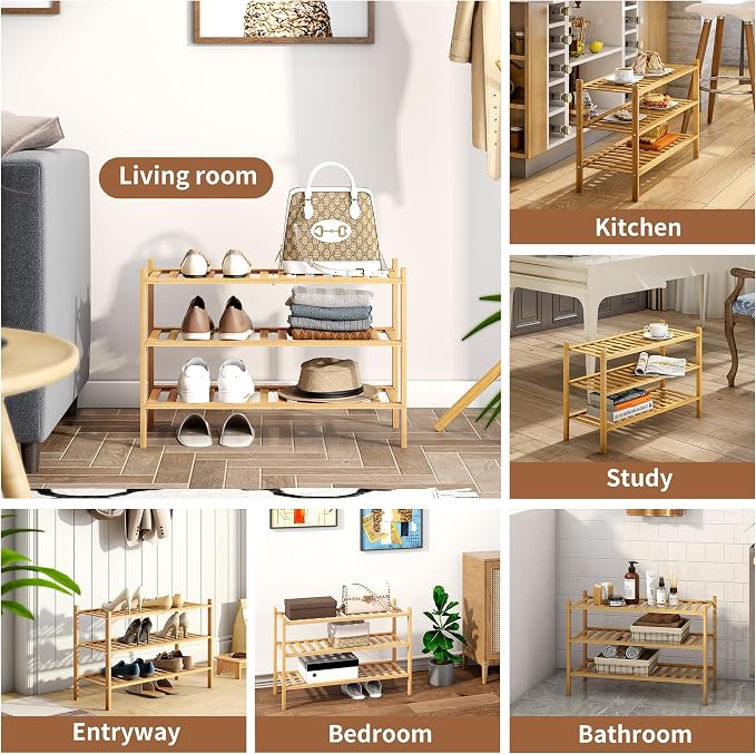 Bamboo Shoe Rack Stackable Shoe Shelf Storage Organizer for Unit Entryway Hallway and Closet Sturdy Freestanding Shoe Shelf(3 Tier Natural)