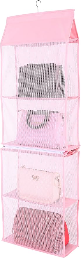 Detachable 4 Compartment Organizer Pouch Hanging Handbag Organizer Clear Purse Bag Collection Storage Holder Wardrobe Closet Space Saving Organizers System for Living Room Home Use (Pink)