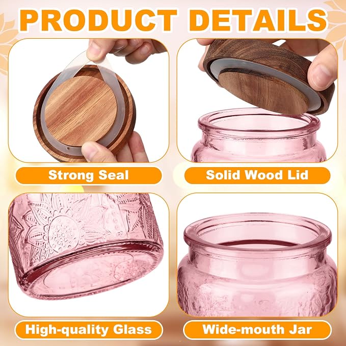 LemonRoad 8 Pcs Vintage Pink Glass Storage Jars 23.67 oz Candy Jar Canister with Solid Wood Lids Food Storage Container for Kitchen, Ground Coffee, Tea, Sugar, Decorative Mason Cookie Jar