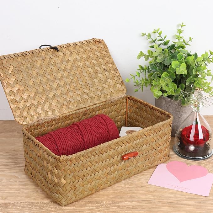 Moosky Wicker Shelf Baskets with Lid,Handwoven Seagrass Basket for Storage Basket Bins Rectangular Home Organizer Gift Boxes (Natural Set of 2)