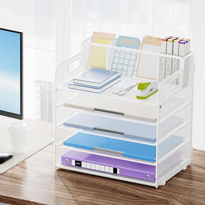 Marbrasse 5 Tier Paper Organizer Letter Tray, Mesh Desk File Organizer with Handle, Paper Sorter Desk Organizer for Home Office Supplies - White, with 3 Pen Holders