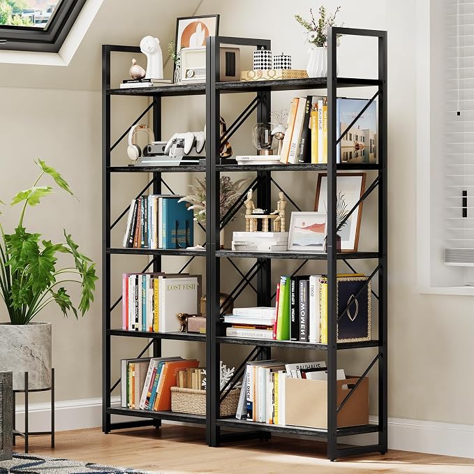 YITAHOME 5 Tiers Bookshelf, Industrial Artsy Grey Bookcase Bookshelves, Book Rack, Storage Rack Shelves Books Holder Organizer for Books Movies in Living Room Home Office, Black & Gray