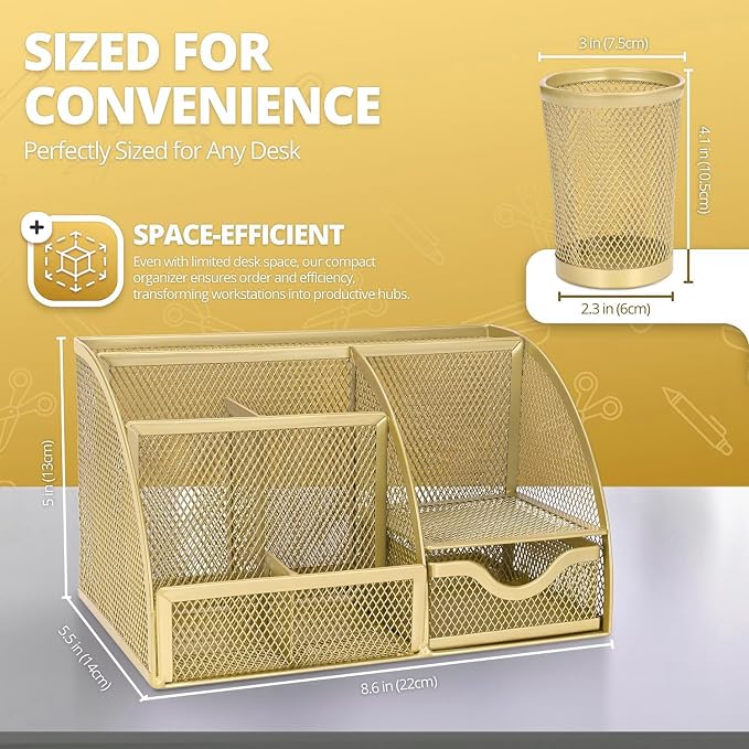 Flexzion Metal Mesh Desk Organizer with Drawer, 6 Compartments, Rose Gold | Compact desktop caddy with separate pen holder; 8.7 x 5.5 x 5 in for office supplies, home study, or dorm use