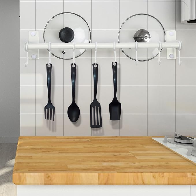 Dseap Pot Rack - Pots and Pans Hanging Rack Rail with 8 Hooks, Double Bars, Pot Hangers for Kitchen, Wall Mounted, White