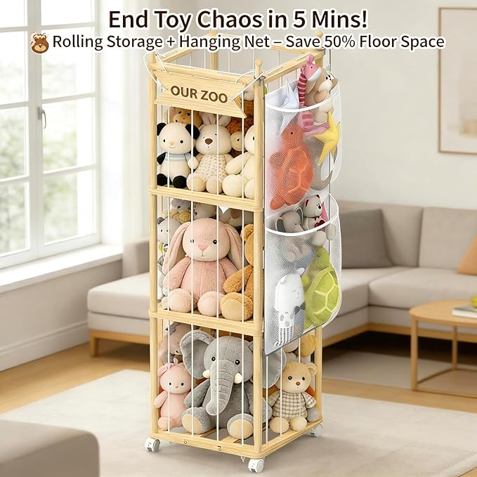 Stuffed Animal Storage,Wooden Zoo Toy Organizer with Wheels & Hanging Net, Cute Plush Toy Display Stand for Kids Bedroom, Playroom & Nursery Decor, Perfect White Elephant Gift for Boys & Girls