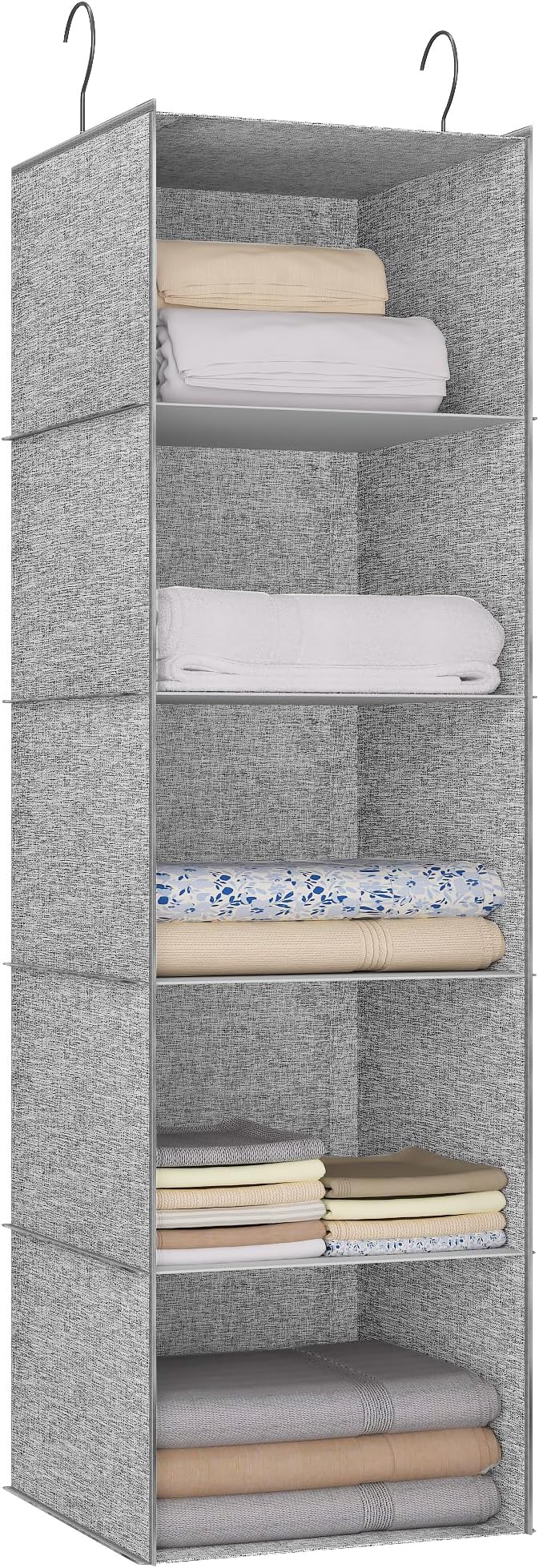 Hanging Closet Organizer 5-Shelf, Oxford Linen Wardrobe Storage, Gray | Easy-mount foldable design holds clothes, handbags, shoes & accessories; washable Oxford fabric, sturdy and space-saving.