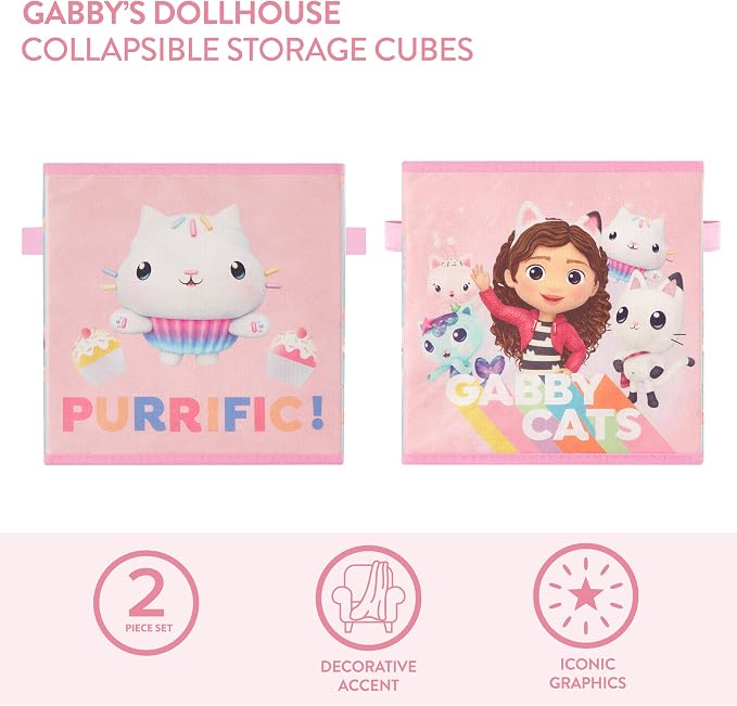 Idea Nuova Gabby’s Dollhouse Set of 2 Collapsible Storage Cubes with Carry Handles, Kids Room & Playroom Organizer Bins, 10” x 10”