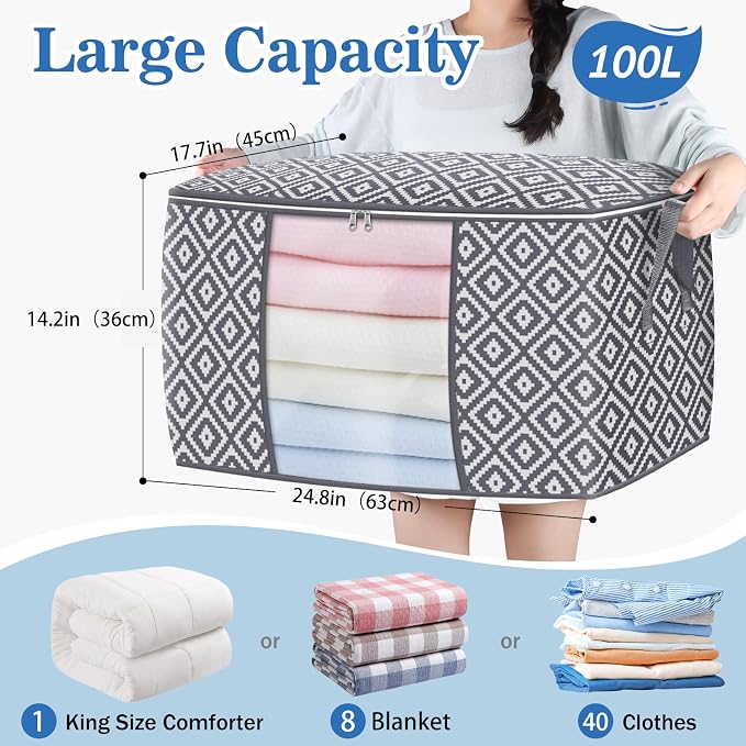StorageTastic Direct 100L, 3 Pack, Storage Containers, Large Clothes Storage Bins Foldable Organization and Storage Bags with Reinforced Handle, Clear Window for Bedding, Blankets, Clothing, Grey