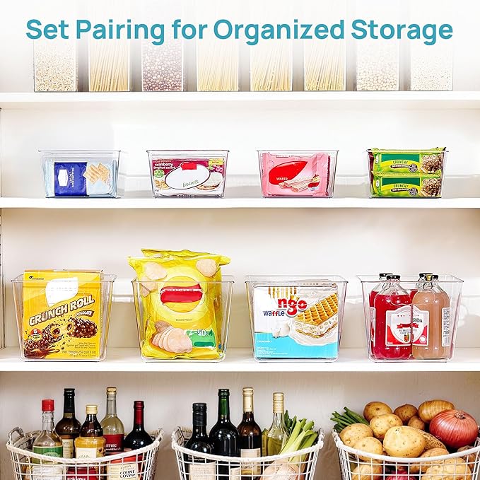 Vtopmart 8 Pack Clear Storage Bins Set for Pantry Organizer | 4 Large Pantry Bins with Handle and 4 Medium Snack Organizer Bins with 4-Compartment for Pantry, Kitchen, Fridge, Cabinet