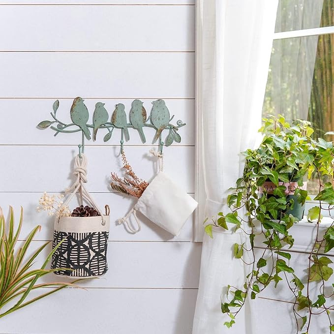 SOFFEE DESIGN Vintage Metal Wall Mounted Coat Rack with 3 Hooks, Birds on Tree Branch Hanger Key Holder Wall Organizer for Hats, Towels, Clothes, Scarves, Jewelry Wall Decoration - Green