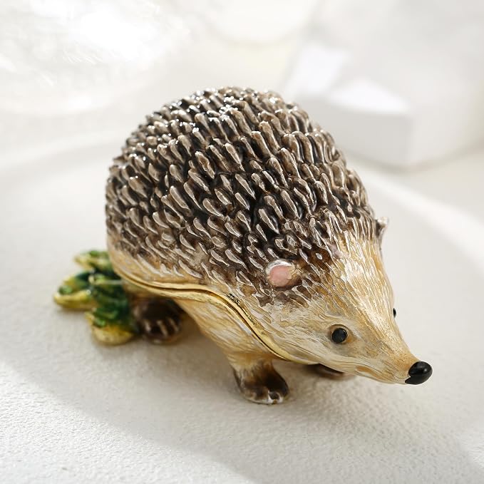 Hand Painted Animal Trinket Box for Home Decor, Hinged Jewelry Organizer Storage, Unique Personalized Collectible Keepsake Figurine Handmade Decorative Ornament Gifts (Hedgehog)