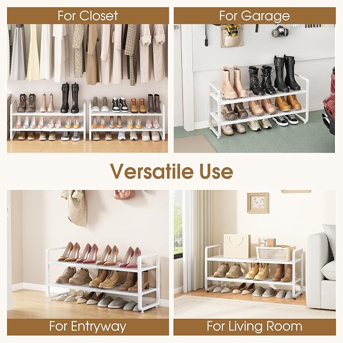 SAYZH 2-Tier Expandable Shoe Rack for Closet, Adjustable Metal Shoe Organizer with Sturdy Mesh Shelves for Boots & Heels, Stackable Shoe Storage for Entryway, Garage, Small Spaces (White, 2-Tier)
