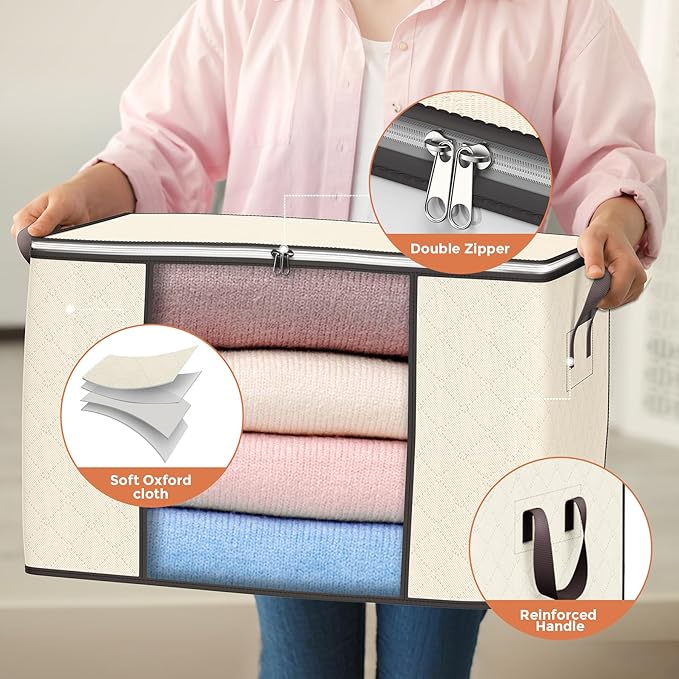 90L Large Storage Bags, 4 Pack Clothes Storage Bins Closet Organizers | Foldable Storage Containers, with Reinforced Handle, for Clothing, Blanket, Comforters, Bed Sheets, Pillows and Toys,Beige